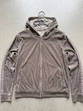 Y2K Velour Zip Up Hoodie Taupe Gray Velvet Full Zip Jacket Streetwear